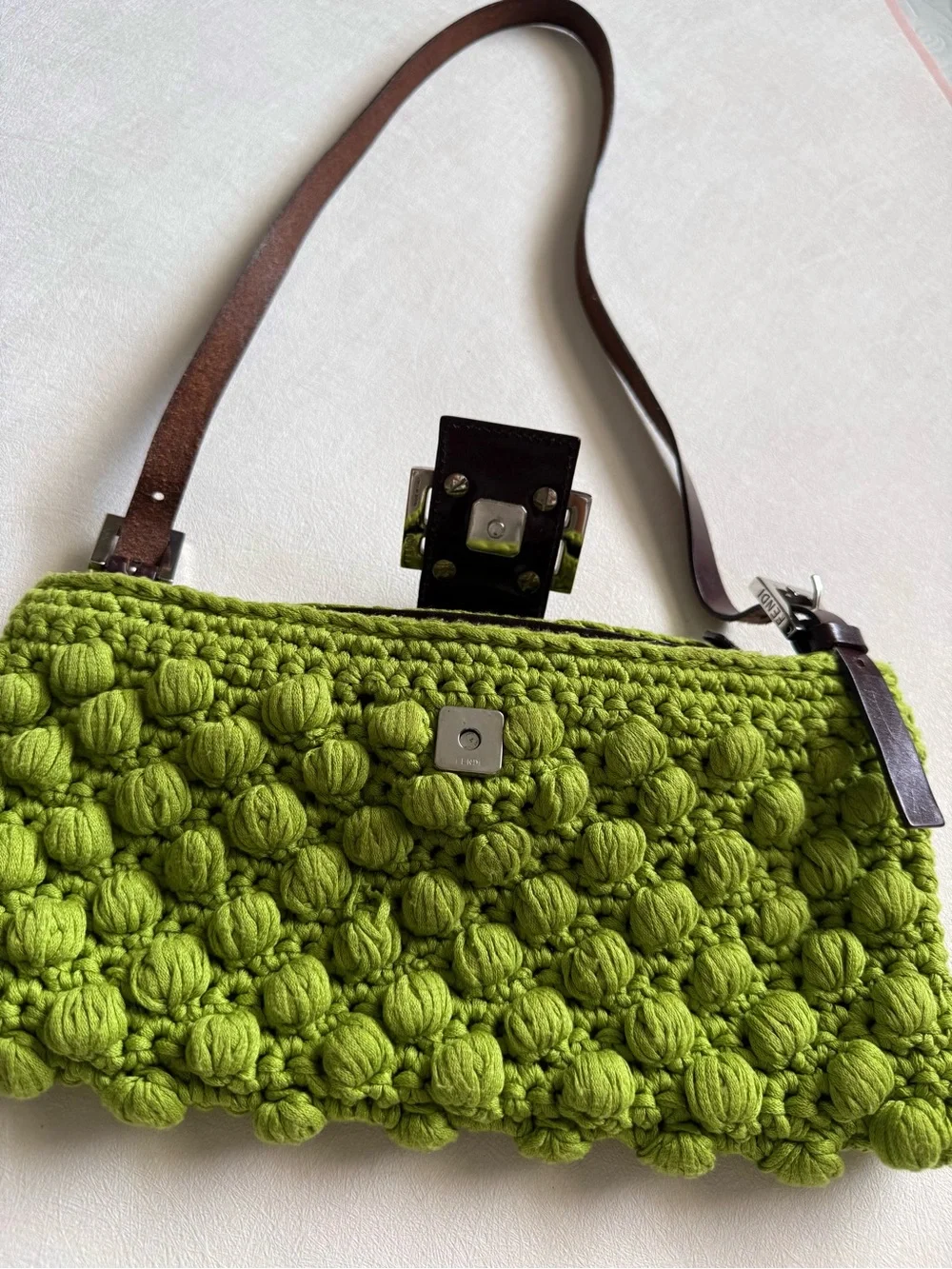 Vintage Fendi Green Crochet Baguette Crossbody Bag - Picture 7 of 8
